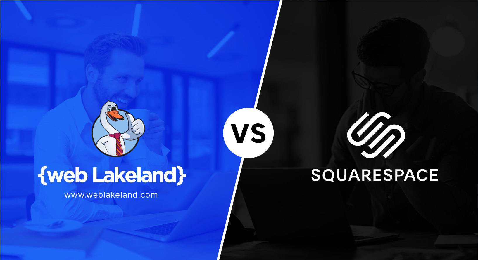 Rectangle split diagonally down the middle. The left side is blue with the {web Lakeland} swan logo. "vs" is in the middle, black text in a white circle. The Squarspace logo is on the right side, white with a black background.